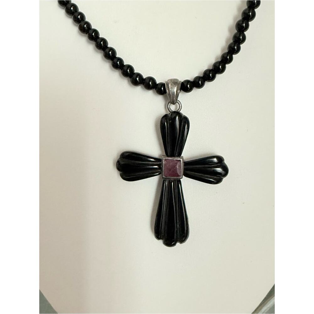 925 Sterling Silver Black Beaded Cross Necklace - Picture 7 of 9